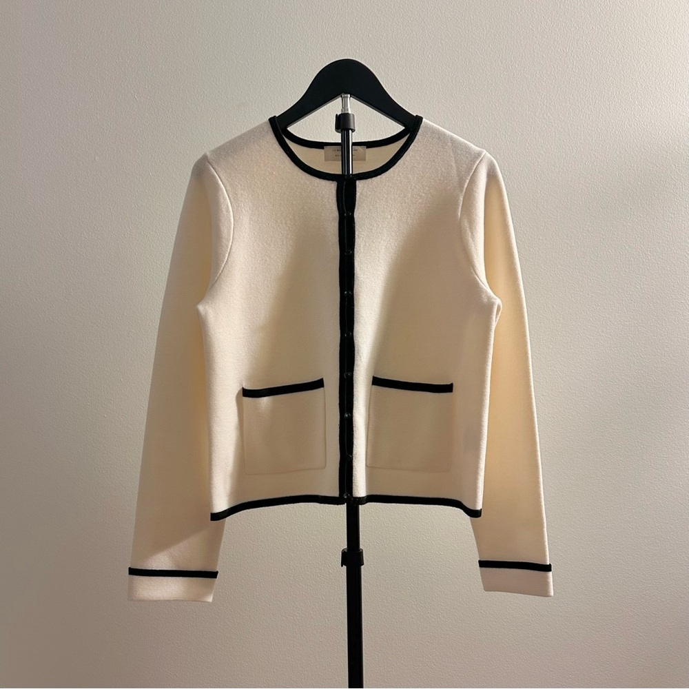 Sezane Brielle Cream Black Merino Wool Crew Neck Cardigan Size M